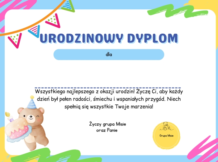 Urodziny Misie- Dyplom