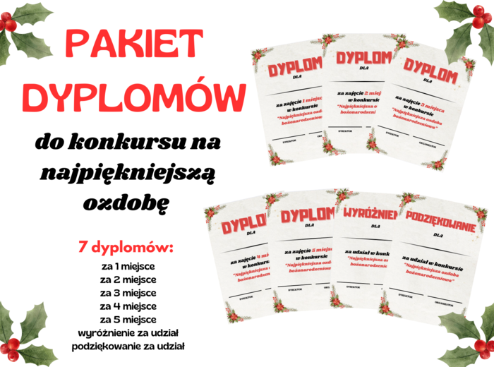 Pakiet dyplomów na konkurs na najpiękniejszą ozdobę bożonarodzeniową/ dyplom/ Boże narodzenie