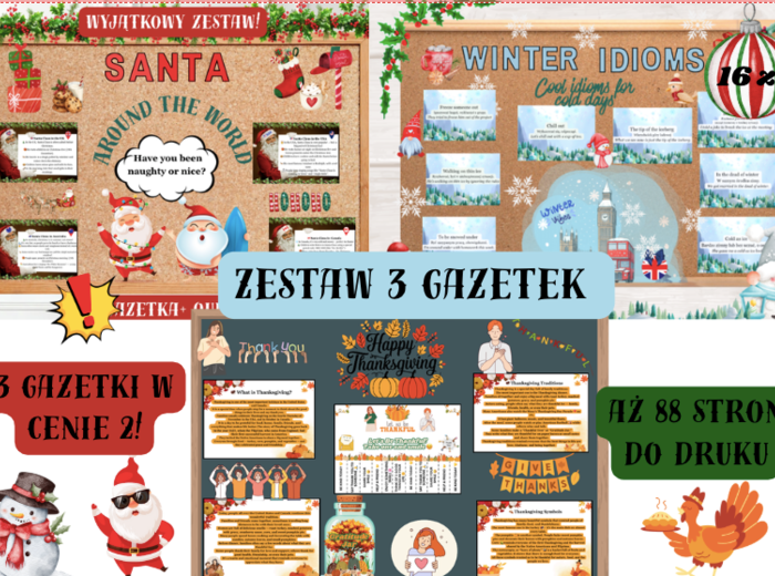 🎁 Zestaw 3 Gazetek Edukacyjnych – „Happy Thanksgiving” + „Santa Around the World” + „Winter Idioms”|Aż 88 stron do druku| ✔ trzy pełne, sezonowe gazetki – jesienna, zimowa i mikołajowa ✔ gotowe materiały do druku w wysokiej jakości ✔ atrakcyjna wizualnie
