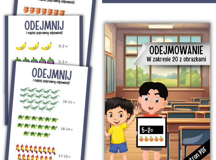 Kolorowe karty pracy - Odejmowanie w zakresie do 20 – zestaw 20 stron PDF!