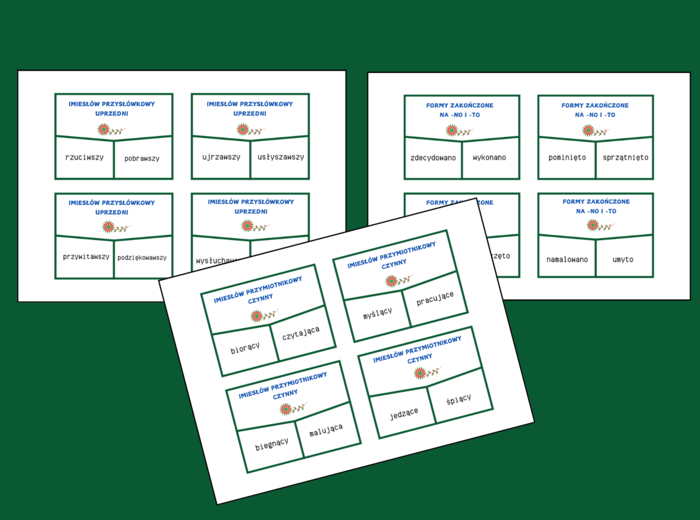 Nieosobowe formy czasownika IMIESŁOWY - układanka - fiszki - egzamin - powtórka – 40 szt. – gramatyka