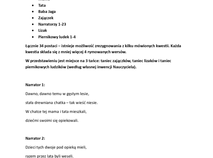 Jaś i Małgosia - scenariusz przedstawienia dla przedszkoli 4-5 i 5-6 lat oraz klas 1-3