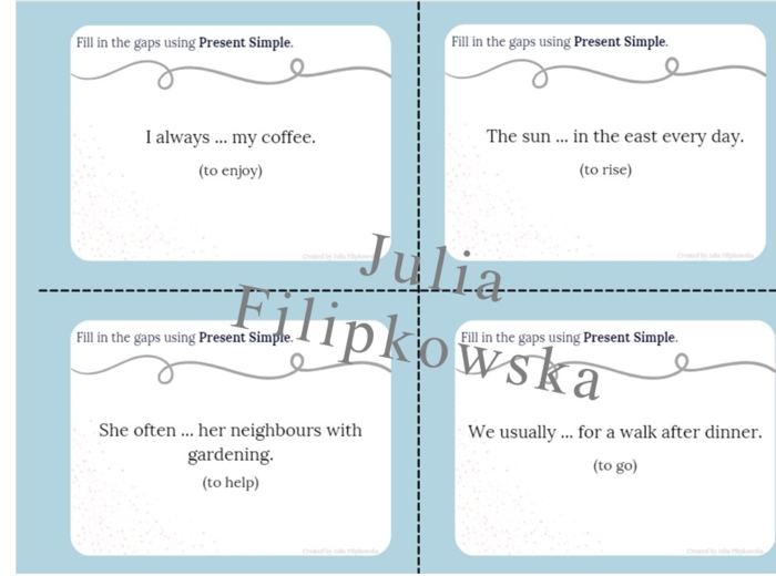 Present Simple/ Karty do mówienia/ Mówienie/ Speaking/ Konwersacje/ Klasy 4-8/ Klasy 4-6/ Klasy 6-8/ SP/ Warm-up/ Rozgrzewka/ Speaking cards/ Gramatyka/ Grammar/ Speaking cards grammar/ Grammar cards/ E8/