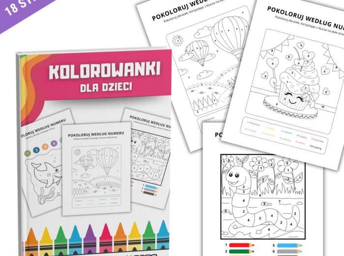 Kolorowanki dla Dzieci : Pokoloruj po Numerze. 18 stron Kolorowanek