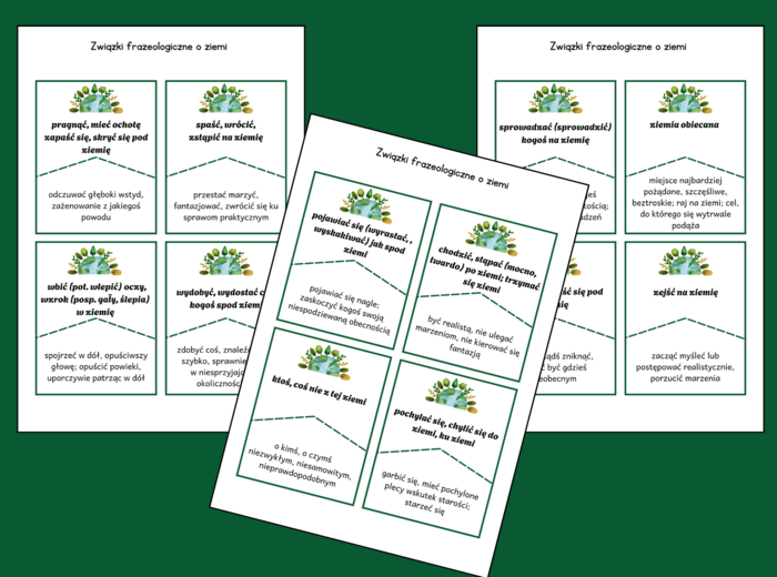 DZIEŃ ZIEMI – ziemia - frazeologizmy – ZWIĄZKI FRAZEOLOGICZNE – fiszki – 24 szt. – kl. 4-8 – egzamin – powtórzenie – ćwiczenia
