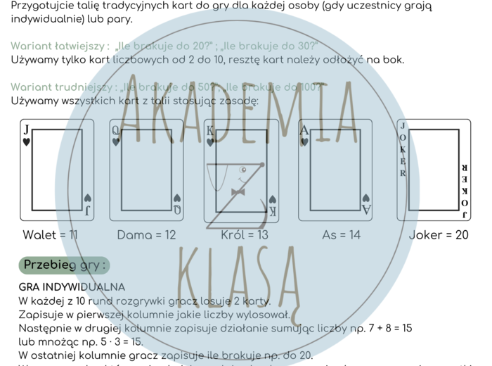 GRA EDUKACYJNA -Karciana matematyka, czyli ile brakuje do ... ?