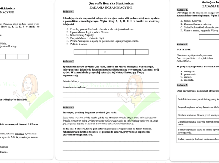 Zestaw zadań egzaminacyjnych do lektur "Balladyna", "Pan Tadeusz", "Quo vadis" W ZESTAWIE TANIEJ
