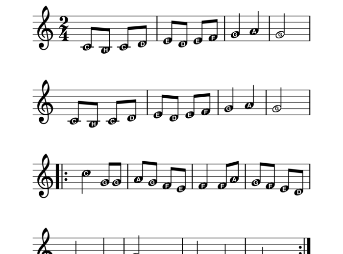 Kolęda Przybieżeli do Betlejem. Duże nuty z literowymi nazwami dźwięków.