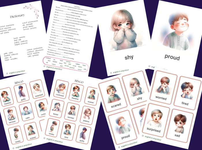 Angielski - Emotions - 2 rodzaje słownika obrazkowego, indywidualne karty BINGO, 4 ćwiczenia