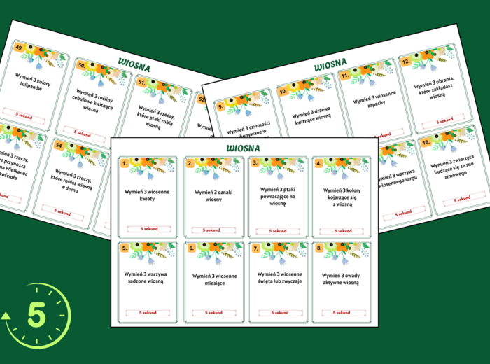 WIOSNA – biblioteka – świetlica – zajęcia z wychowawcą - gra 5 SEKUND + ODPOWIEDZI - 56 szt.