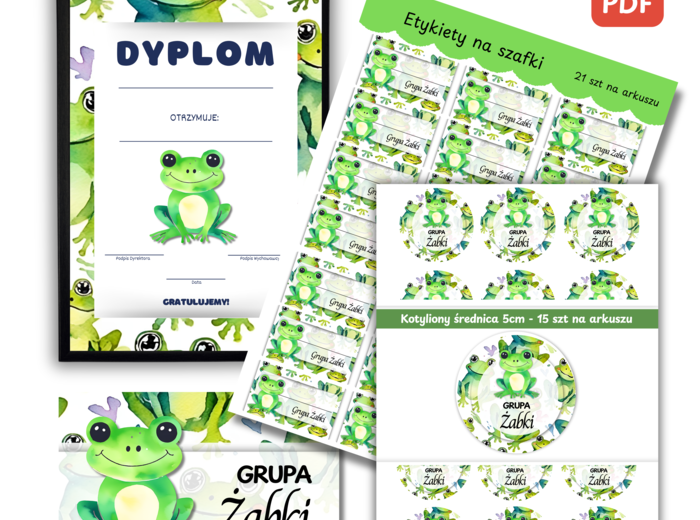 Zestaw Etykiety, Medaliony, Dyplom, Naklejka z nazwą grupy - Dla Grupy Żabki