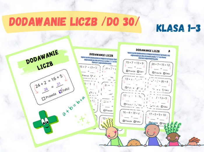 Dodawanie do 30 - karta pracy dla dwóch grup, kartkówka