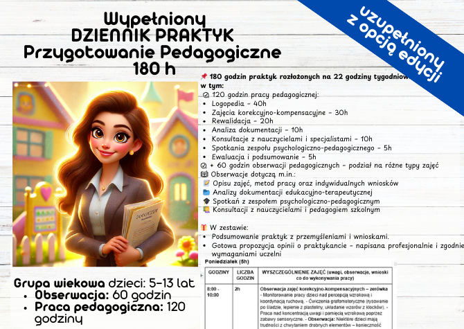 UZUPEŁNIONY DZIENNIK PRAKTYK – PRZYGOTOWANIE PEDAGOGICZNE 180h (22h TYGODNIOWO)