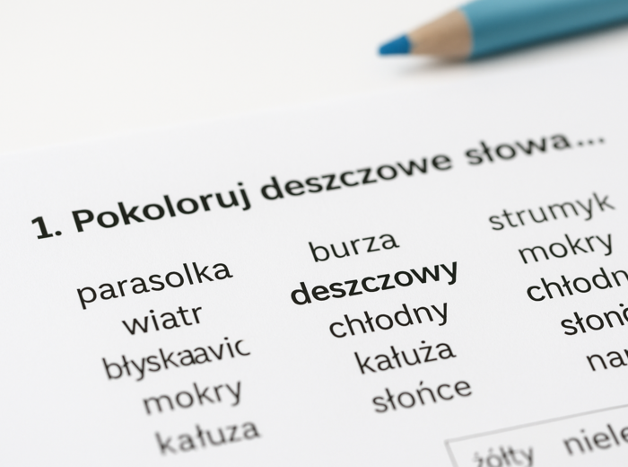 „Deszczowe słowa” – karta pracy do języka polskiego