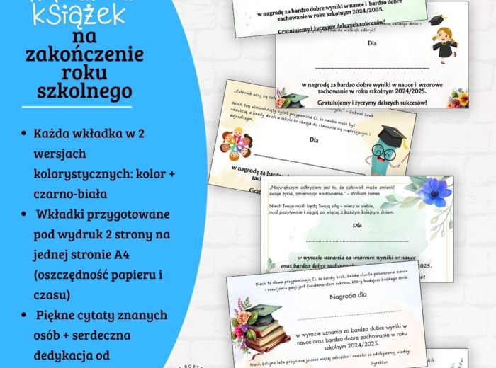 Wkładki do książek na zakończenie roku szkolnego - dla klas 1–8 szkoły podstawowej
