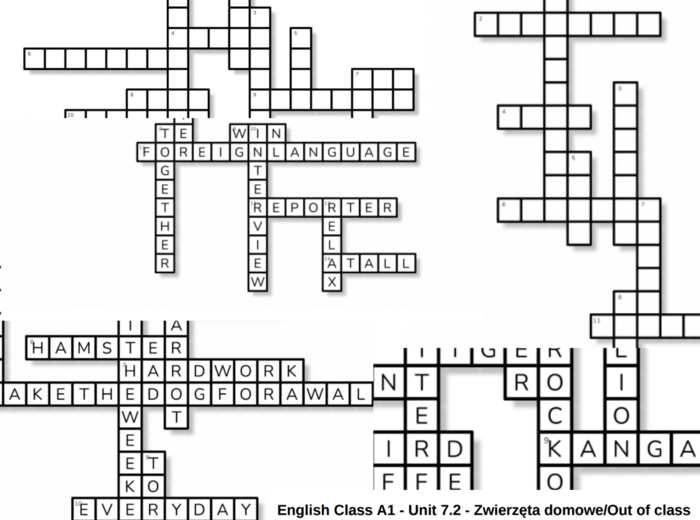 English Class A1 – Unit 7 – krzyżówki – Dzikie zwierzęta/Zwierzęta domowe_Out of class/7.3_7.6/Przymiotniki