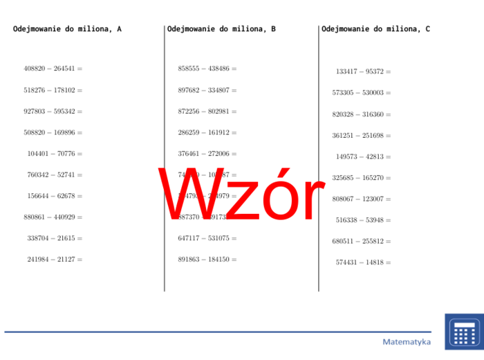 Odejmowanie do miliona | matematyka | 26 kolumn
