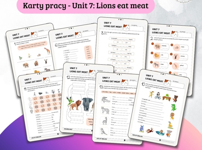 New English Adventure 3 – Unit 7: Lions eat meat – Karty pracy dla klasy 3