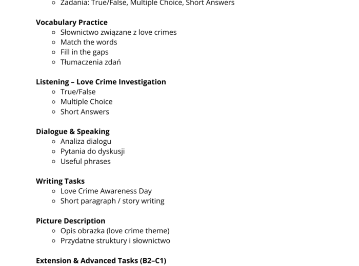 Gotowa Lekcja:  LOVE CRIMES – Karty pracy B1–B2 (+ rozszerzenie B2–C1)