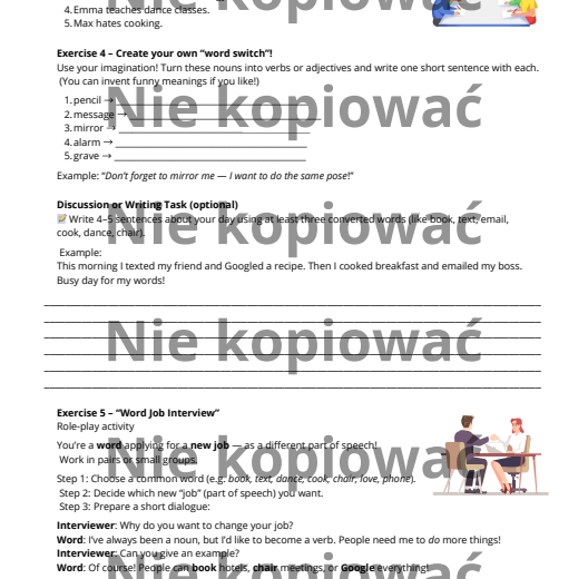 Karta pracy When Words Change Their Jobs - word conversion, z czytanką A2/B1