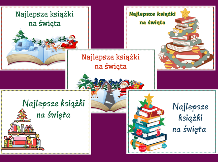 Najlepsze książki na święta – BIBLIOTEKA – Boże Narodzenie - gazetka- wystawka – napis – 10 wersji