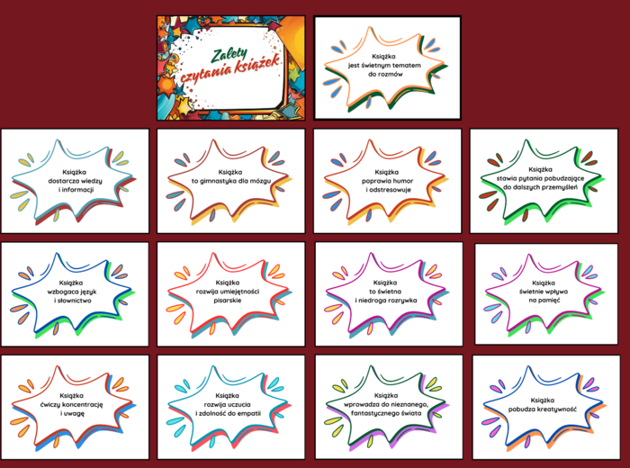 ZALETY CZYTANIA KSIĄŻEK - gazetka - biblioteka - język polski - 14 stron - wersja 1