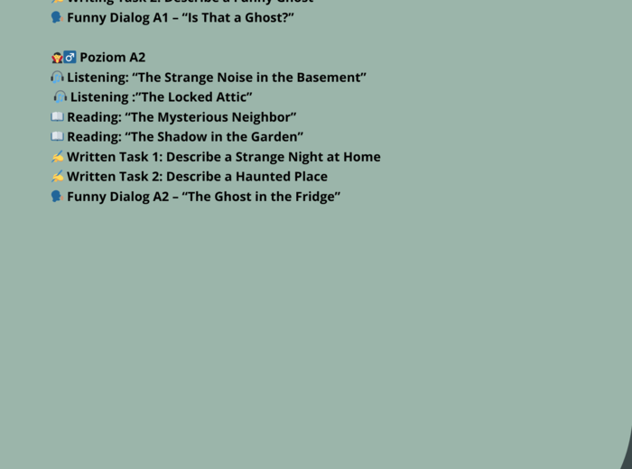 HALLOWEEN 👻🧟‍♀️ SCARY STORIES – Rozszerzony zestaw zadań językowych (A1– C1) 🧛‍♂️🧙‍♀️
