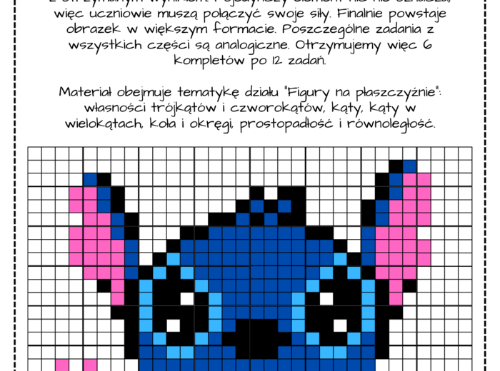 Kolorowanka xxl (nonogram) - powtórzenie wiadomości geometria. Klasa 5, klasa 6. Własności figur geometrycznych. Figury na płaszczyźnie.