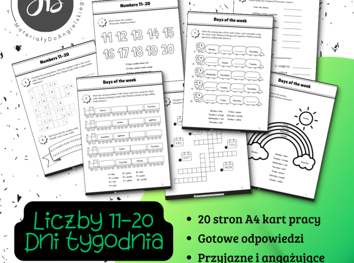 Liczby 11-20, Dni tygodnia - karty pracy do języka angielskiego dla klas 1-3
