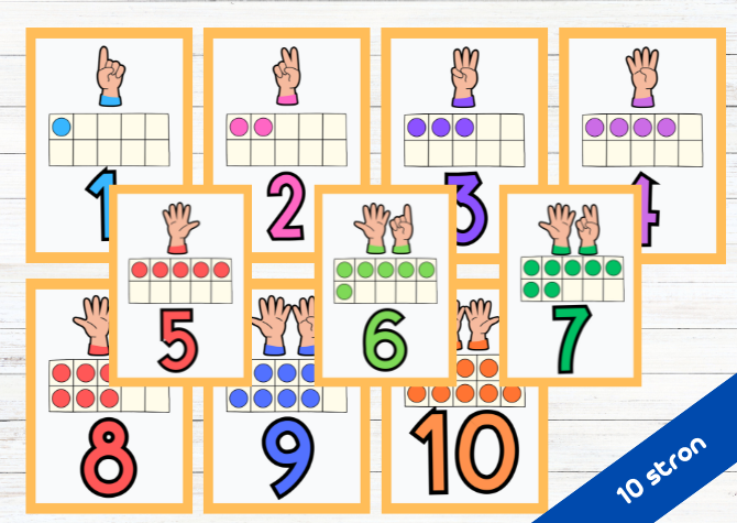 PAKIET EDUKACYJNY – CYFRY 1–10 z elementami do liczenia i gestami palców