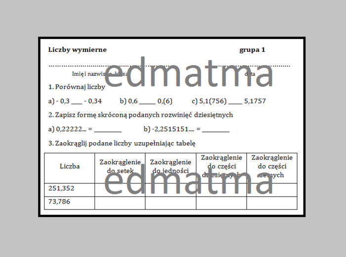 Kartkówka liczby wymierne (porównywanie liczb, rozwinięcia dziesiętne, zaokrąglanie)