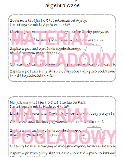 Szybkie karteczki – wyrażenia algebraiczne, sumy algebraiczne, jednomiany, redukcja wyrazów podobnych (karta pracy, kartkówka kl. 6, 7, 8)