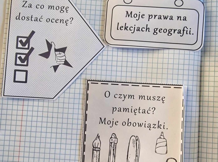 Przedmiotowe zasady oceniania (PZO) z geografii (klasa 5). Interaktywna notatka do wycinania, zginania i wypełniania przez ucznia.