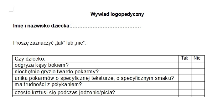 Arkusz badania przesiewowego, + wywiad logopedyczny