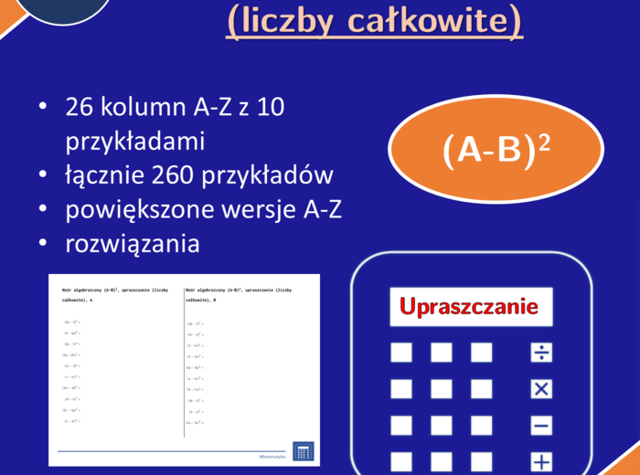 Wzór algebraiczny (A-B)^2, upraszczanie (liczby całkowite) | matematyka, algebra | 26 kolumn