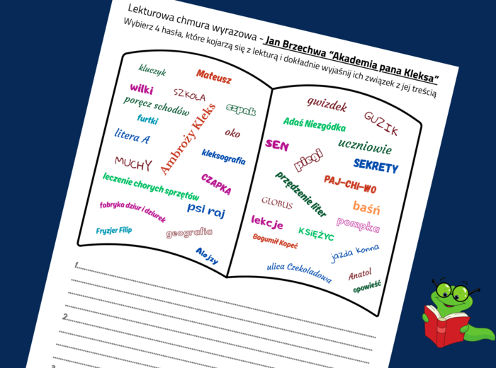 Lekturowa chmura wyrazowa - AKADEMIA PANA KLEKSA – lektury obowiązkowe – chmura - karta pracy – EGZAMIN – powtórka