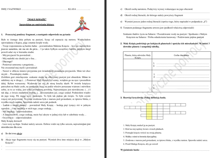 Sprawdzian po omówieniu lektury "Mały Książę"