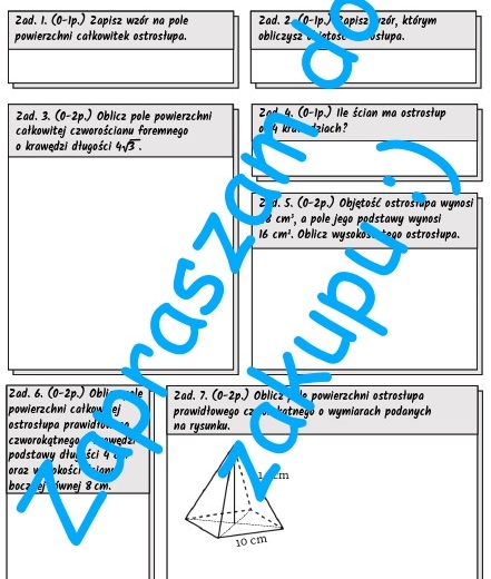 Pole powierzchni i objętość ostrosłupa - kartkówka, karta pracy