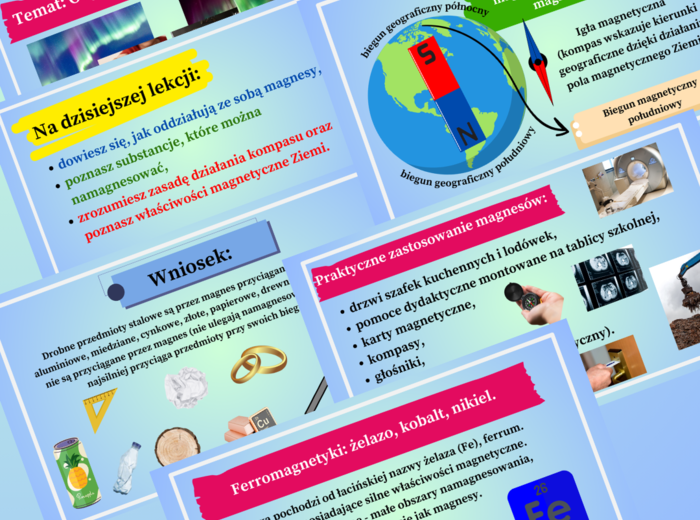 Zjawiska magnetyczne - pole magnetyczne magnesu stałego i Ziemi. (prezentacja multimedialna 16 slajdów+karta pracy)