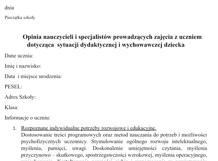 Opinia nauczyciela do Poradni Psychologiczno-Pedagogicznej-wzór
