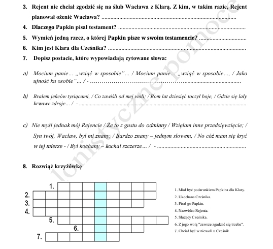 Kartkówka ze znajomości lektury "Zemsta" + odpowiedzi