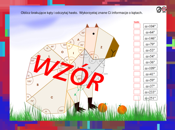 (klasa 5 klasa 6) Kapibara z kątami w trójkątach i czworokątach (z hasłem).