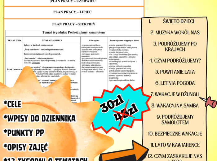 PLANY PRACY - LATO (plany do edycji z wpisami do dziennika, celami, punktami PP, materiałami do druku)