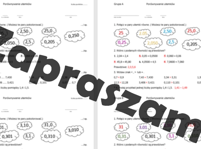 Porównywanie ułamków dziesiętnych – kartkówka / karta pracy