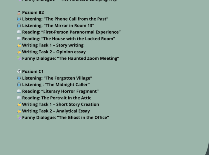 HALLOWEEN 👻🧟‍♀️ SCARY STORIES – Rozszerzony zestaw zadań językowych (A1– C1) 🧛‍♂️🧙‍♀️
