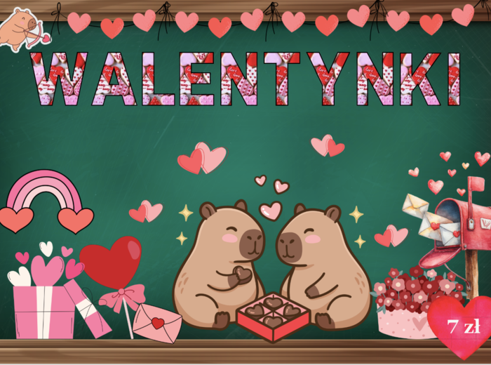 💗 Gazetka Walentynkowa 'Zakochane Kapibary| Główna grafika to plakat XXL- 4 x A4| Idealna dekoracja sali lub korytarza| 30 stron do druku