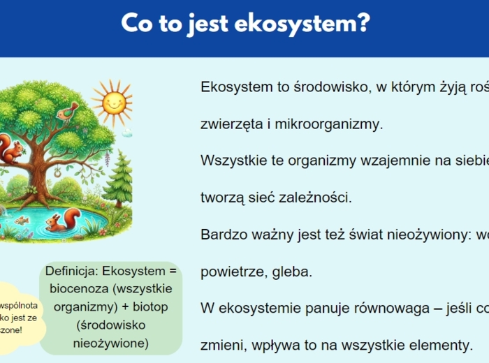 Prezentacja multimedialna. Różne ekosystemy (las, jezioro, góry). Zależności między organizmami