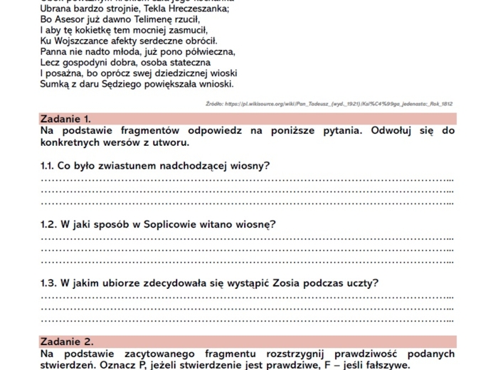 Karta pracy >>Czytanie "Pana Tadeusza"<<
