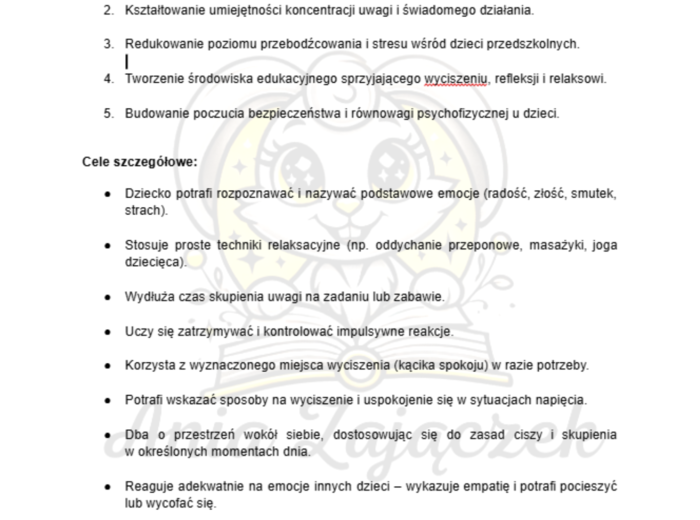 Innowacja Pedagogiczna „Cisza, Spokój, Uwaga” trening emocji i koncentracji dla przedszkolaków