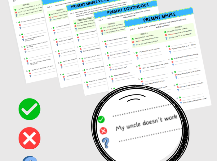 Przekształcanie Zdań - Zestaw 5 kart pracy - czasy teraźniejsze - przekształcanie zdań - zdania twierdzące - przeczenia - pytania  - Present Simple - Present Continuous - Present Perfect - Present Perfect Continuous - matura